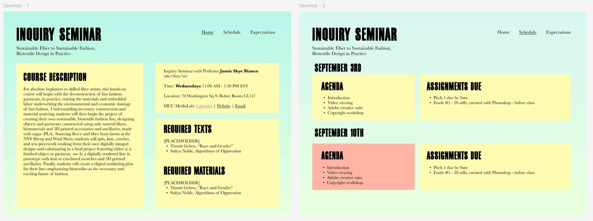 Figma wireframe for the Inquiry Seminar course site, showing the home and schedule pages