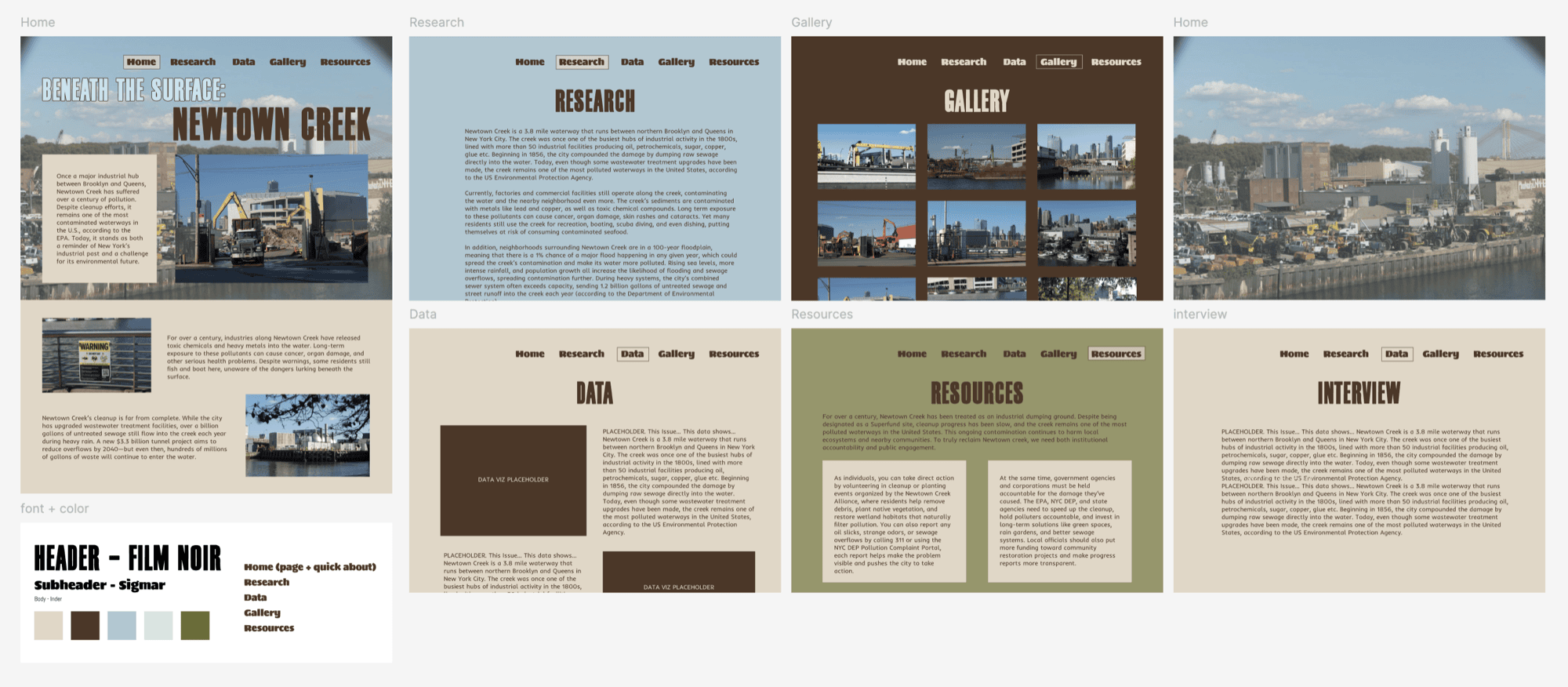 Figma prototype pages for Beneath the Surface: Newtown Creek, showing the home, research, data, gallery, resources, and interview page layouts alongside the type and color palette reference