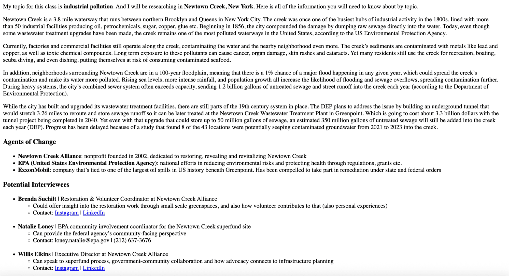 Research 1 — the first written draft covering Newtown Creek's pollution, agents of change, and potential interviewees