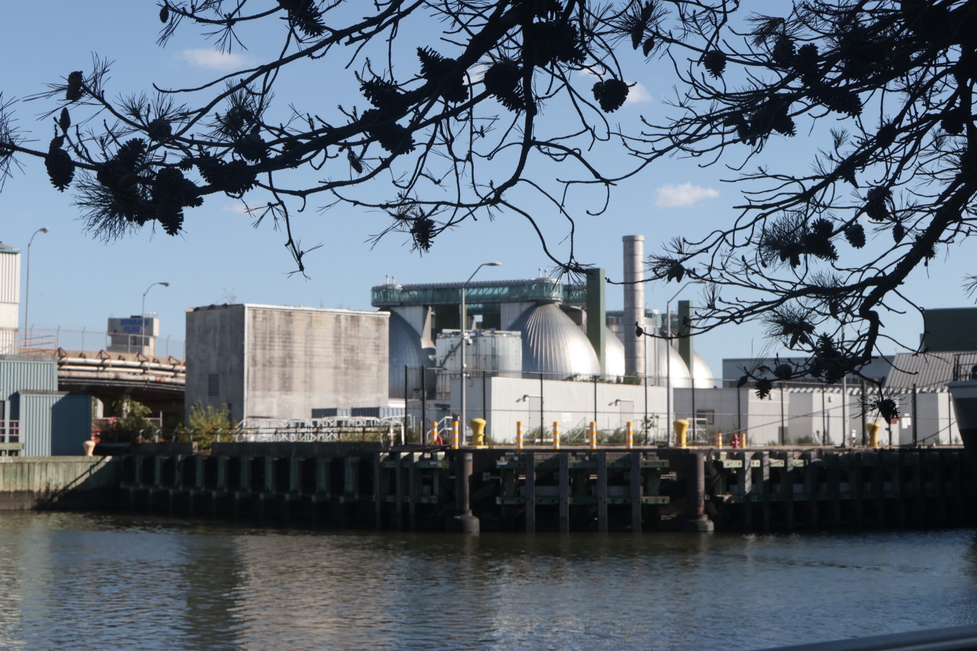 A wastewater treatment plant's digester eggs on Newtown Creek, framed by overhanging tree branches