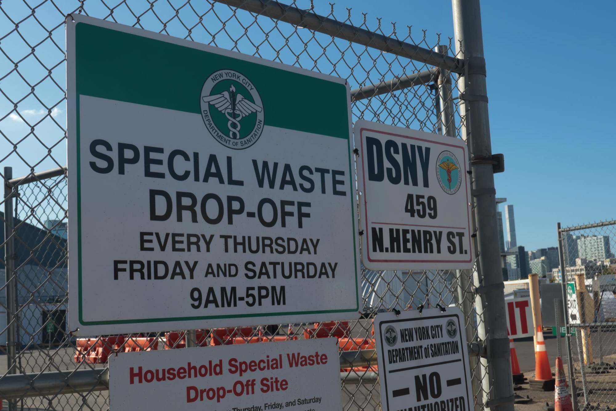A DSNY special waste drop-off site sign near Newtown Creek