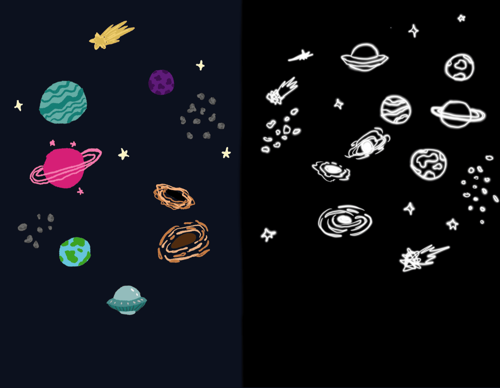 Early art direction study comparing a colorful illustrated style against a white line-art style for the planets, ship, and obstacles