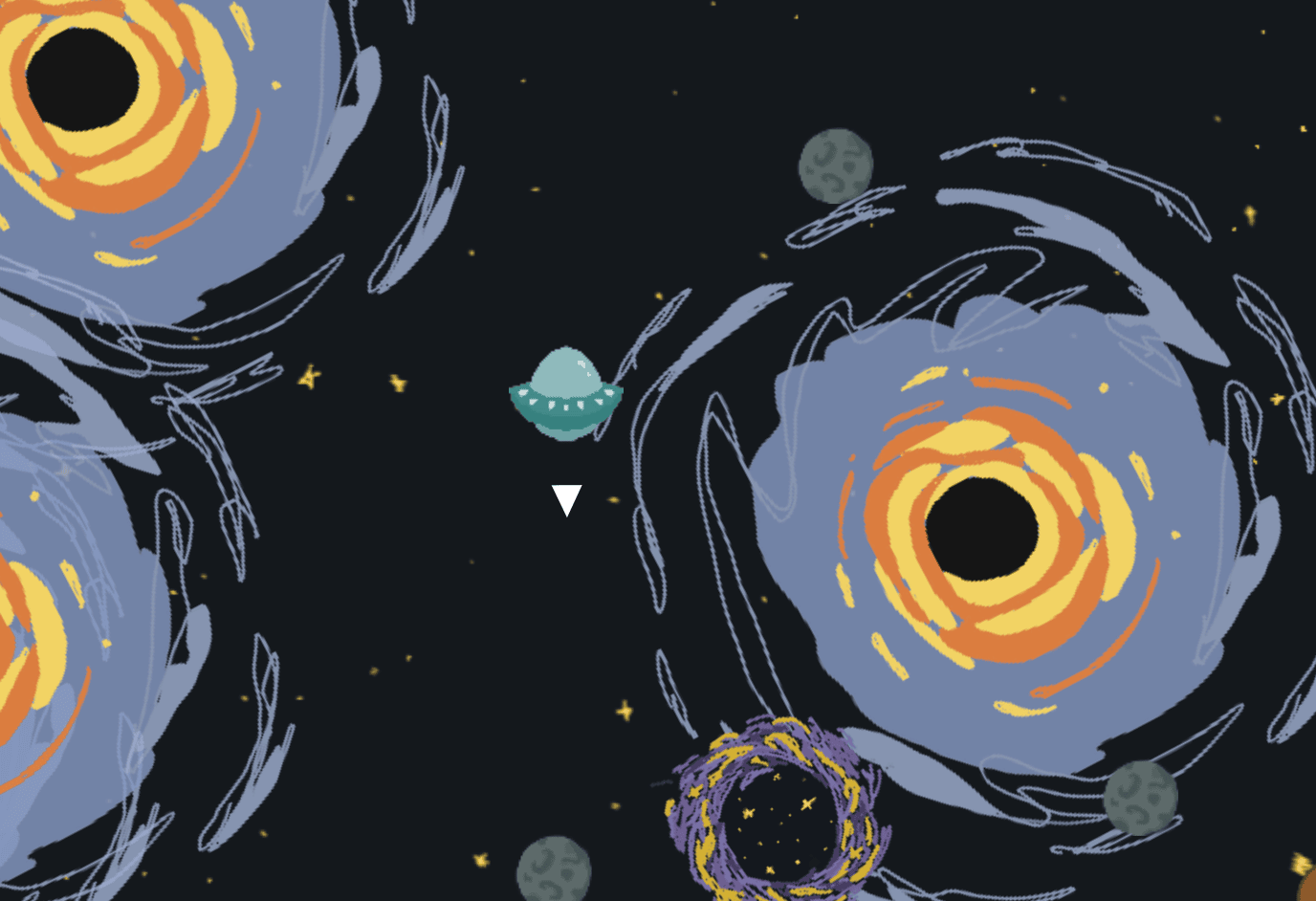 Final gameplay screenshot — the ship approaching a package pickup near a black hole cluster