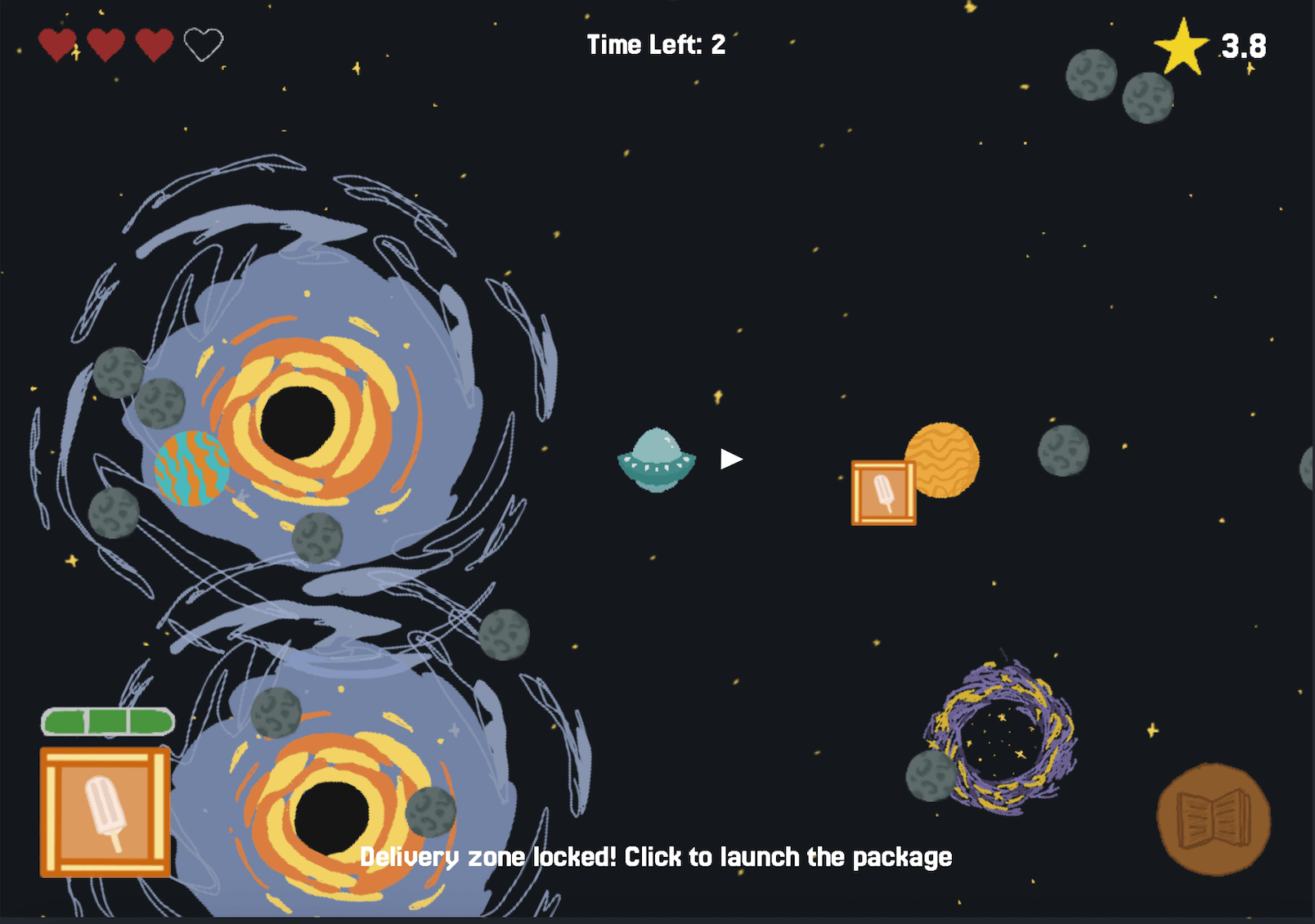 Final gameplay screenshot showing the HUD with hearts, package condition bar, timer, rating, and a repair station icon