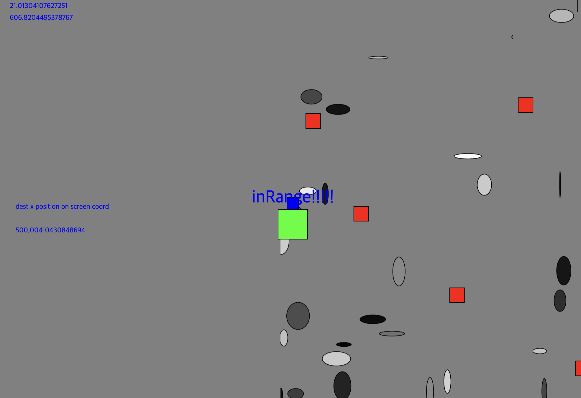 Early p5.js prototype with placeholder colored shapes standing in for the ship, destination, and obstacles, plus debug coordinates