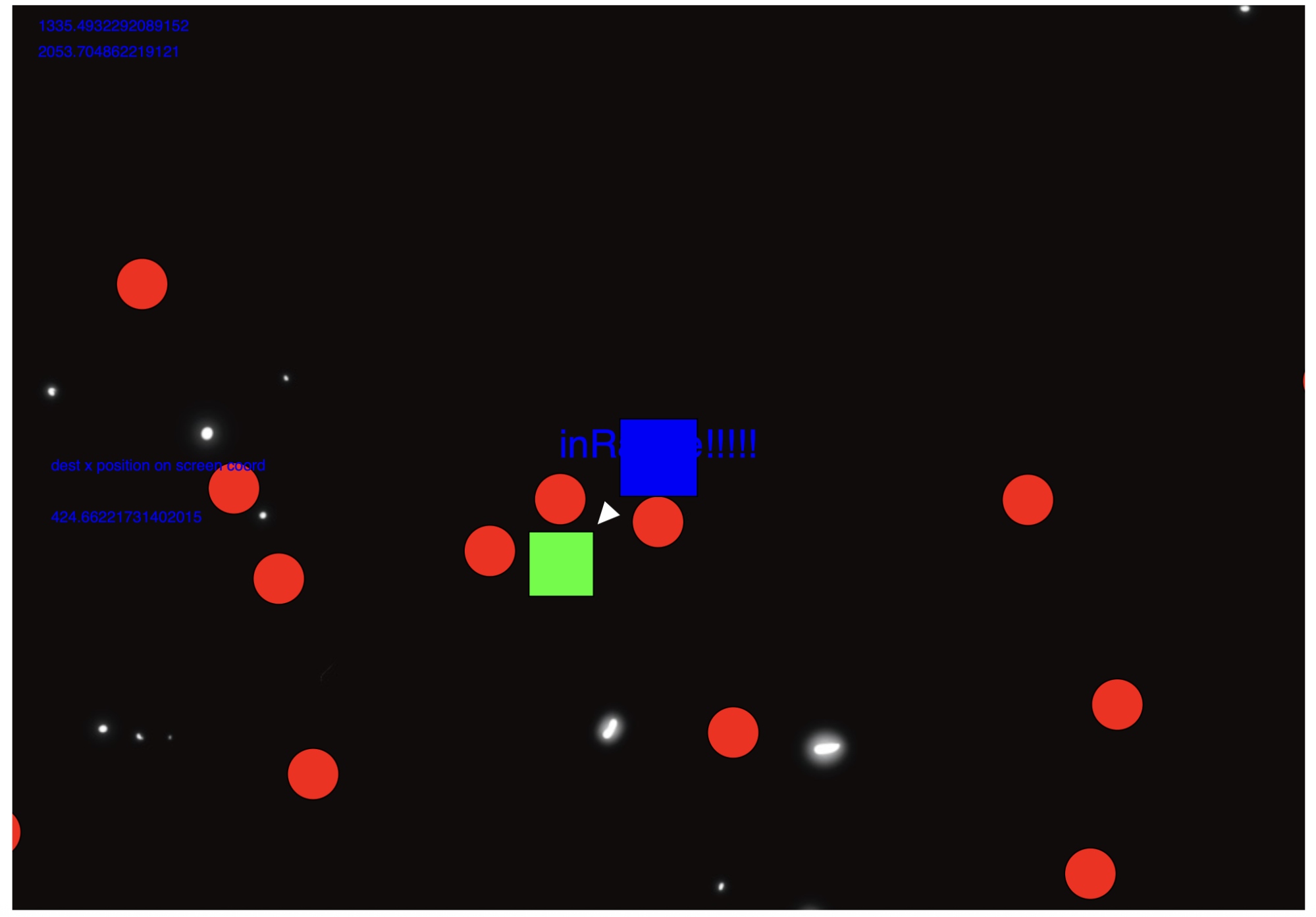 Second early prototype screenshot showing placeholder red circles as obstacles scattered around a green destination square