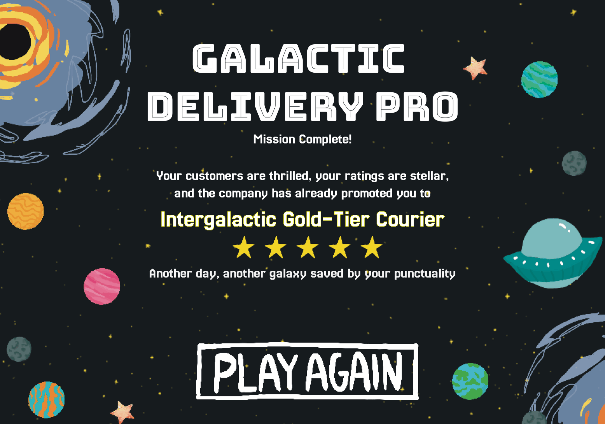 Promotion ending screen — Galactic Delivery Pro, promoted to Intergalactic Gold-Tier Courier with a five-star rating