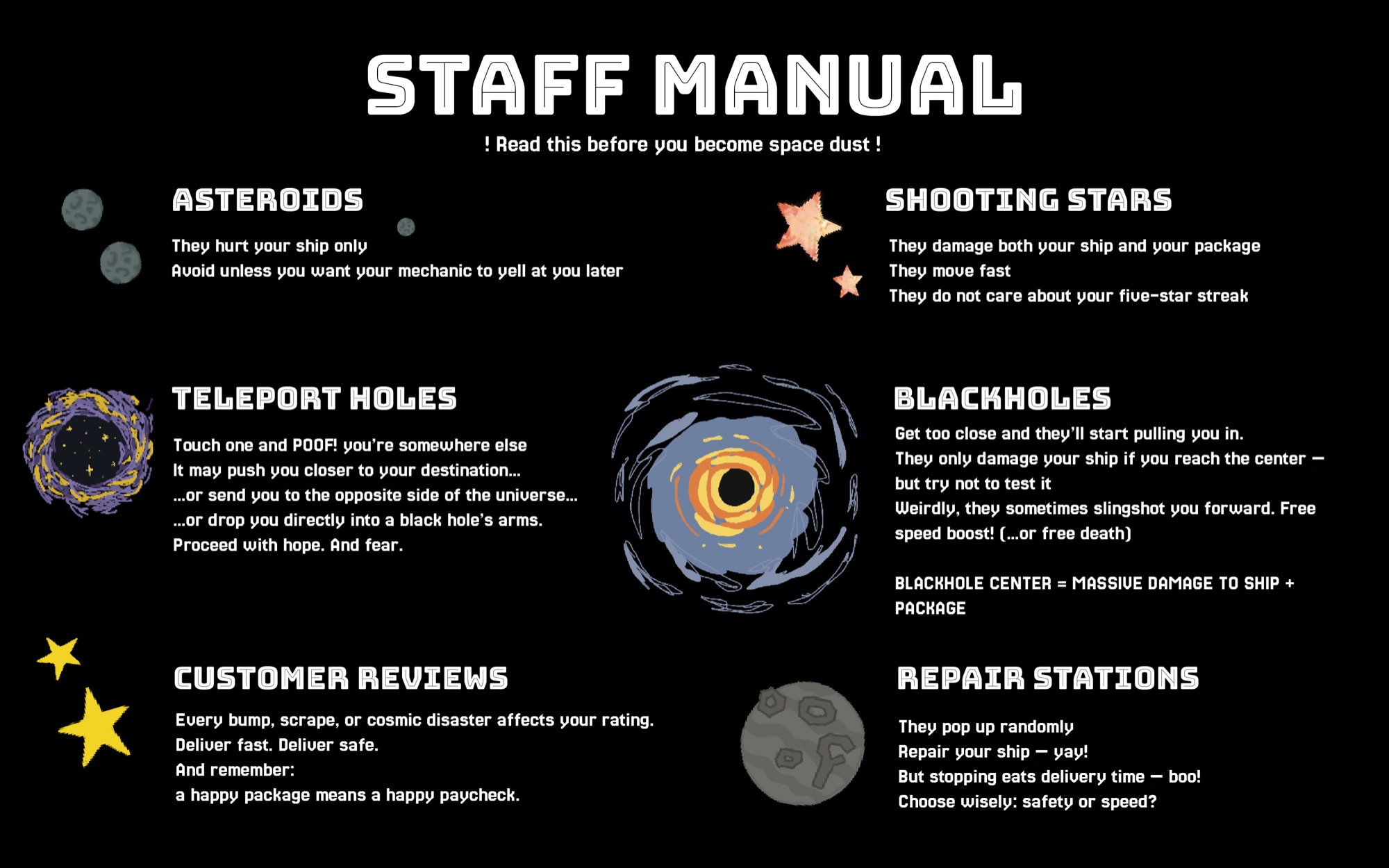 In-game staff manual explaining asteroids, shooting stars, teleport holes, black holes, customer reviews, and repair stations