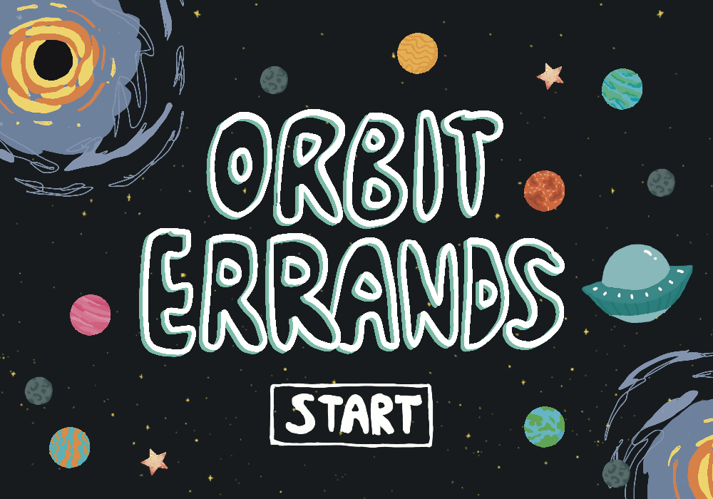 Orbit Errands start screen, showing the hand-lettered logo surrounded by planets, stars, and a small teal UFO