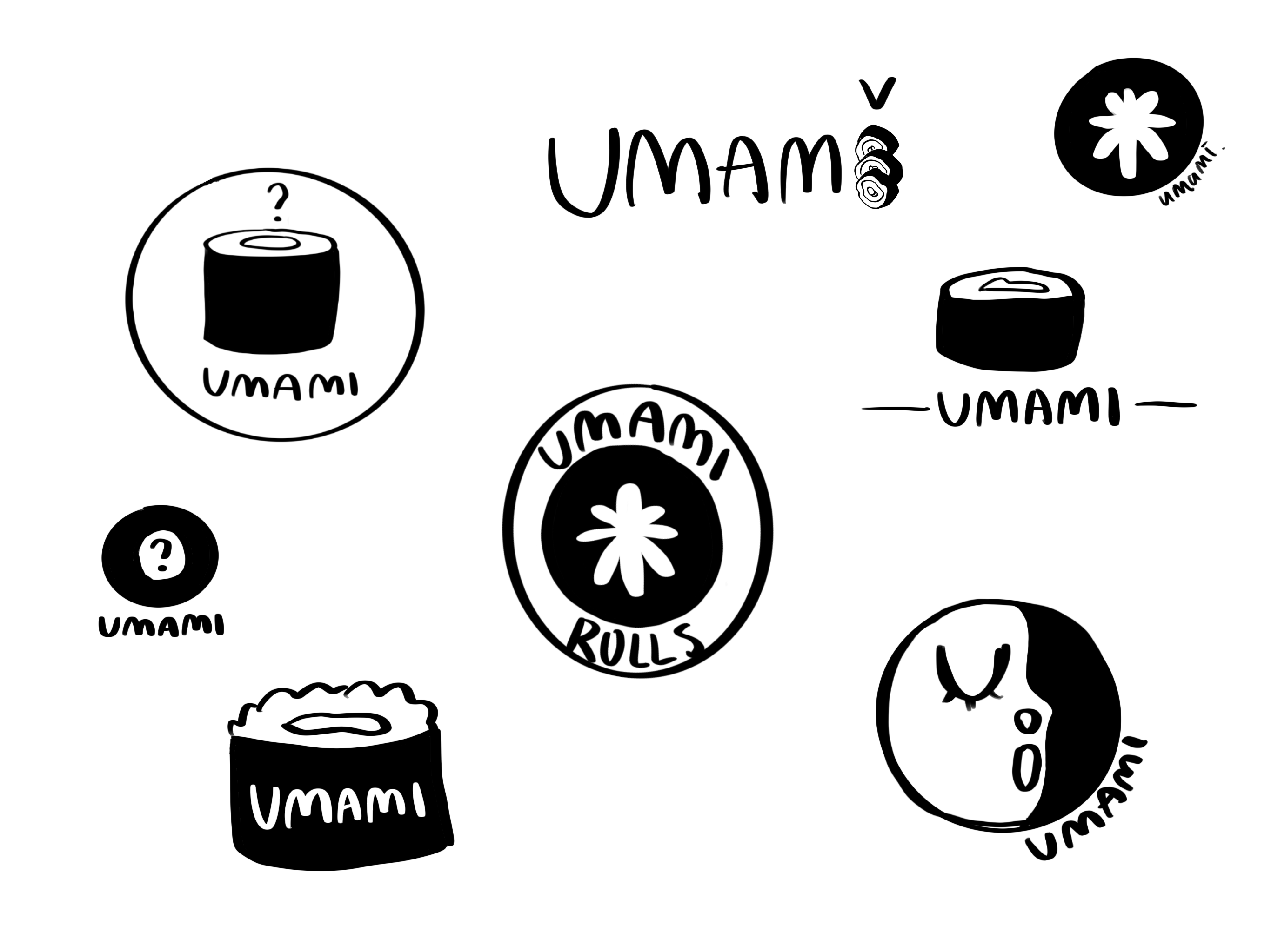A page of hand-drawn Umami logo explorations — sushi roll marks, a flower icon, and wordmark variations in black and white