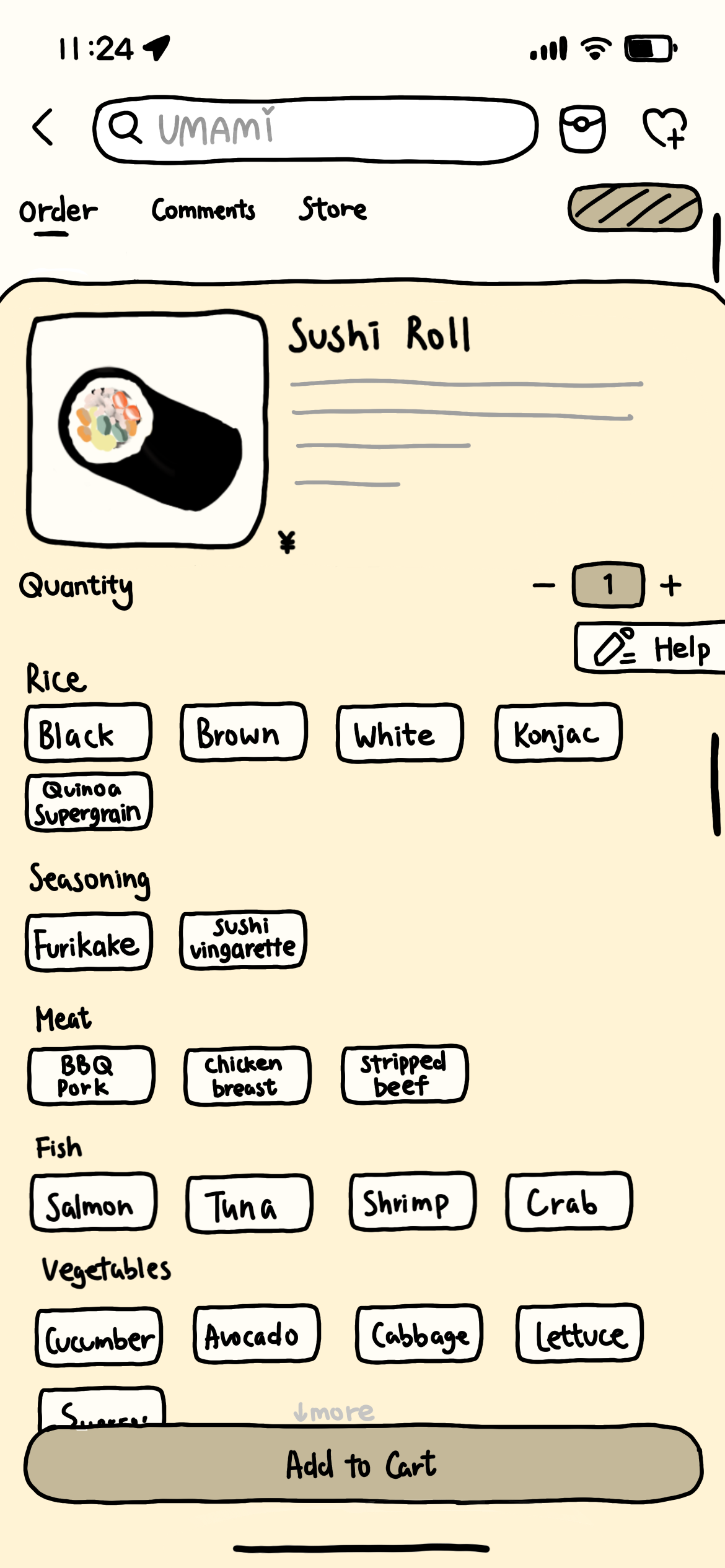 Hand-drawn app interface mockup showing the sushi roll customization screen with rice, seasoning, meat, fish, and vegetable options
