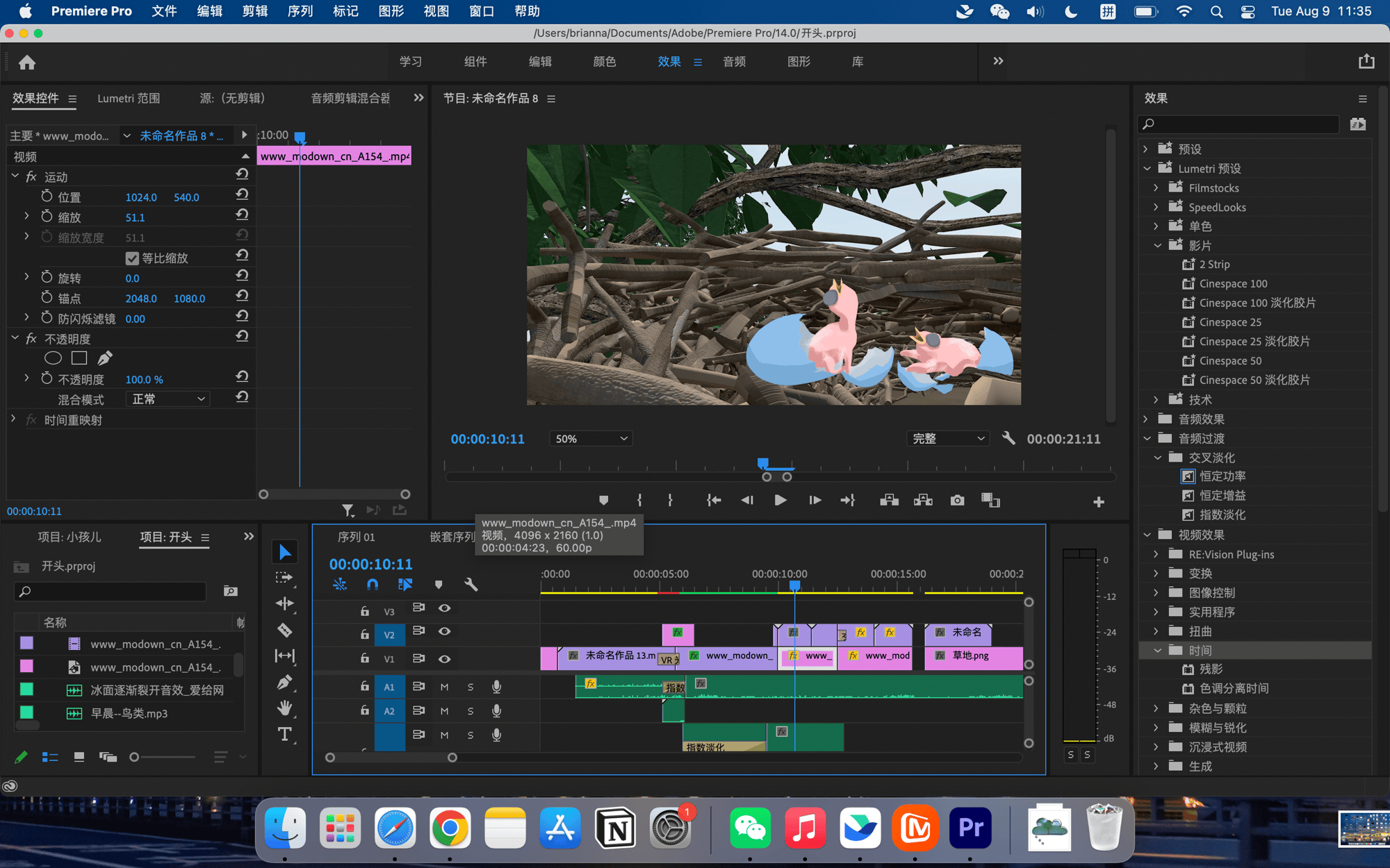 Premiere Pro timeline showing two illustrated hatchling birds composited into a nest of branches, keyframed for the opening scene
