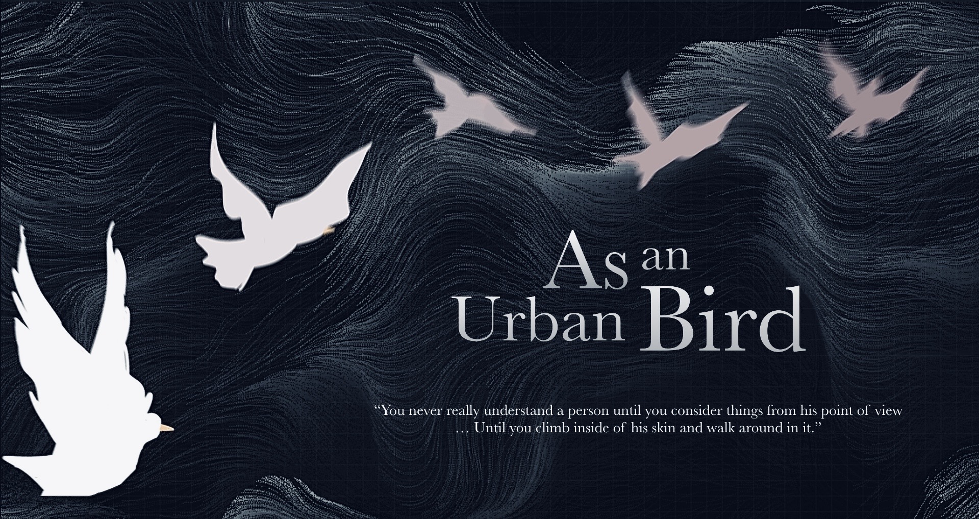 As an Urban Bird title card: pale bird silhouettes flying across a deep navy, wind-swept sky, with a quote from To Kill a Mockingbird beneath the title