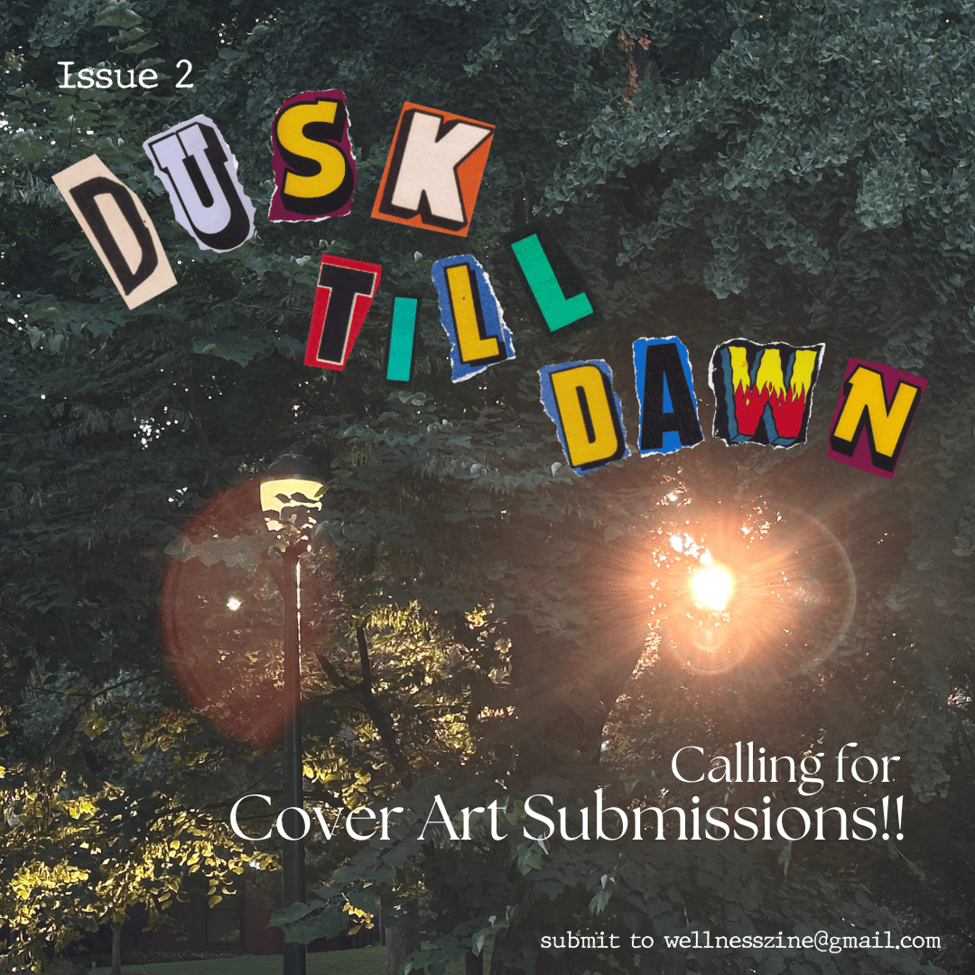 Instagram call-for-submissions graphic for Issue 2, Dusk Till Dawn, with cut-out lettering over a dusk photo of a lit park lamp