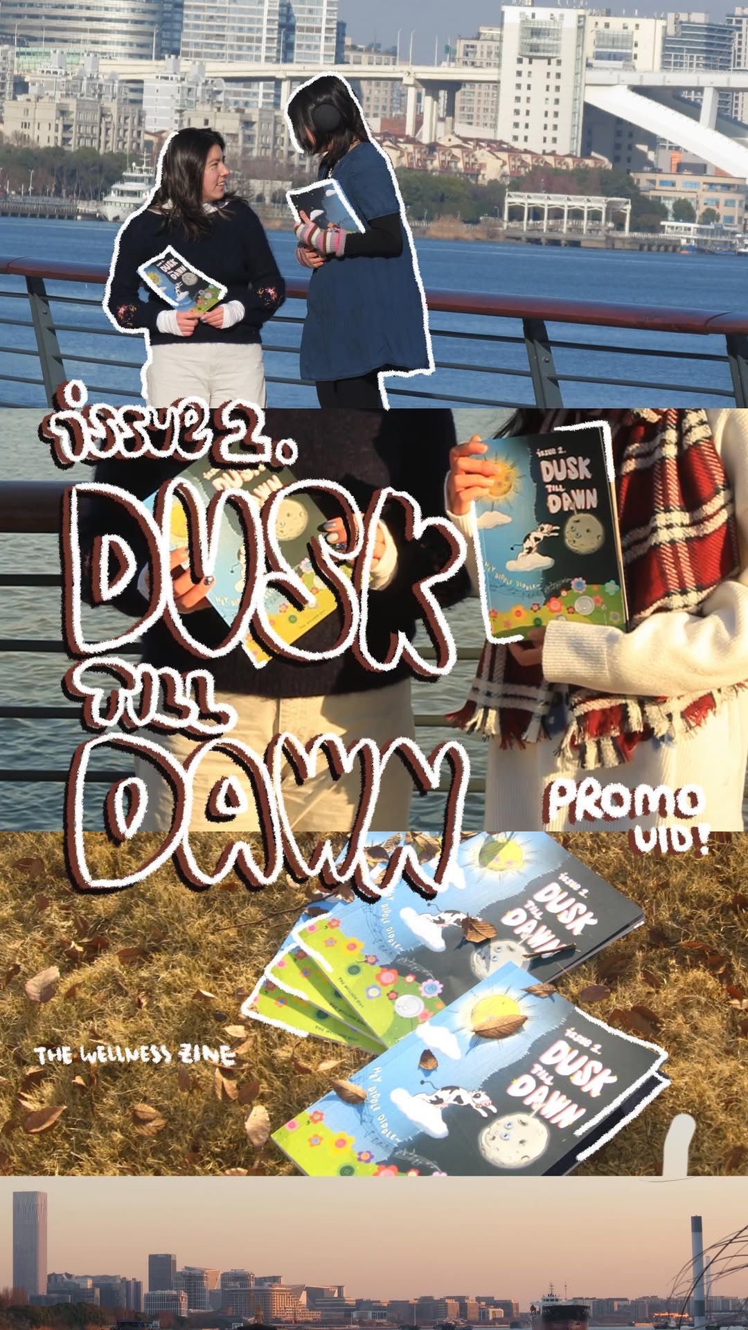 Instagram promo graphic layering a photo of two people holding the printed zine over a hand-lettered 'Dusk Till Dawn' title card