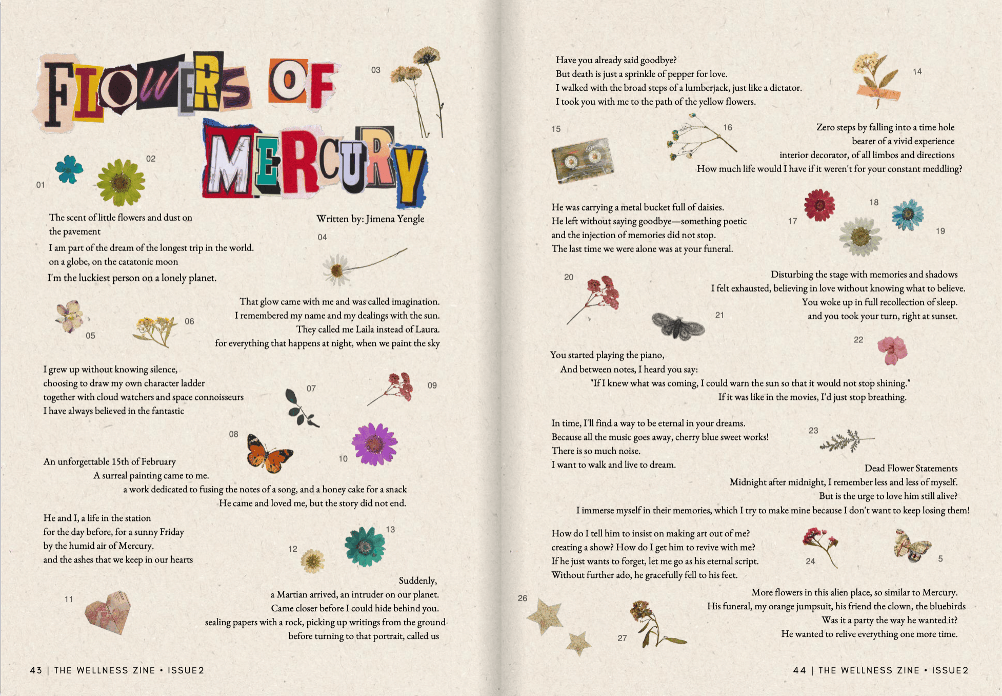 Zine spread for the poem 'Flowers of Mercury', written by Jimena Yengle, with cut-out collage title lettering and pressed-flower illustrations (Issue 2)