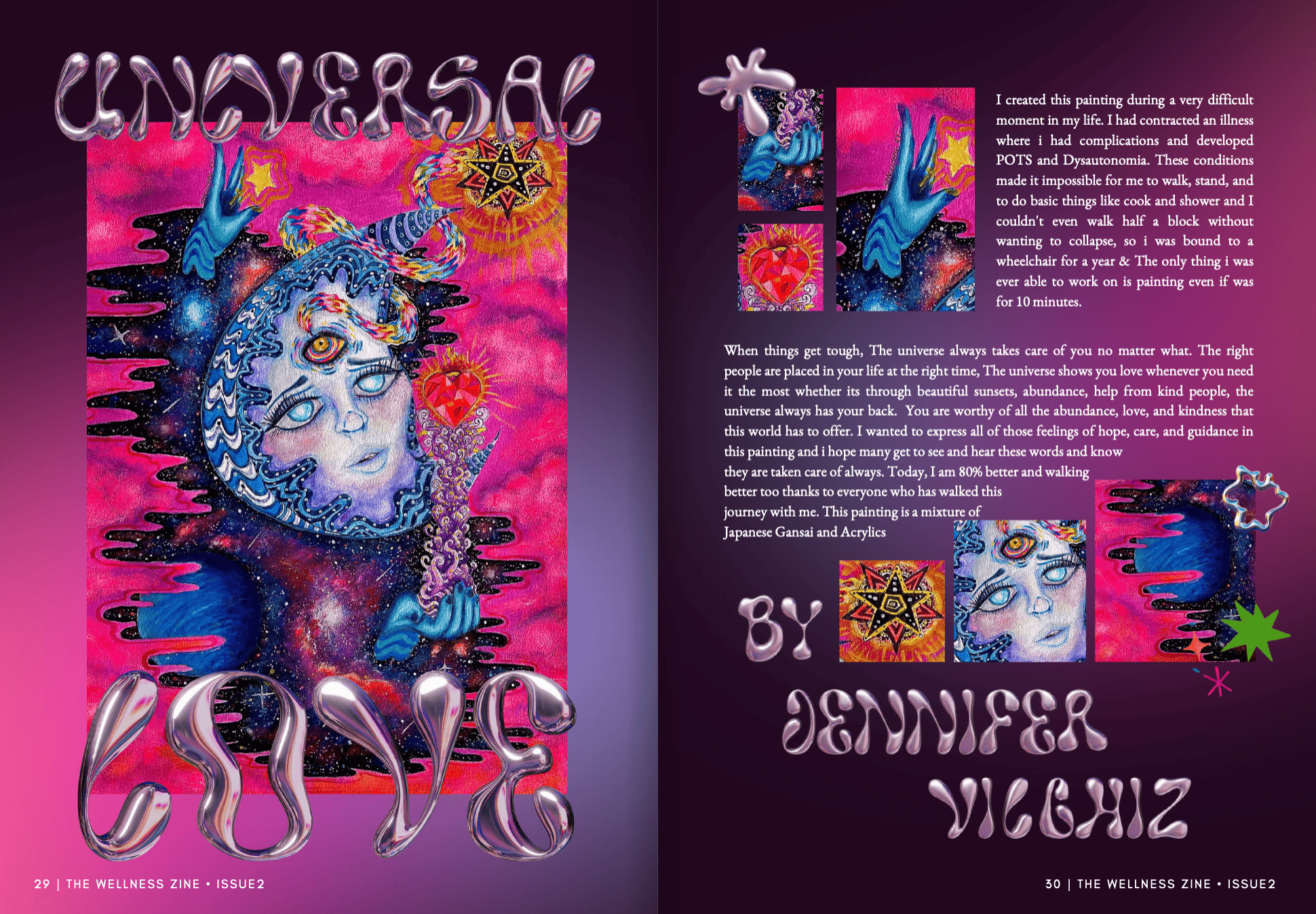Zine spread for the painting 'Universal Love', art by Jennifer Villhiz, a surreal portrait in pink and purple with chrome-lettered title (Issue 2)
