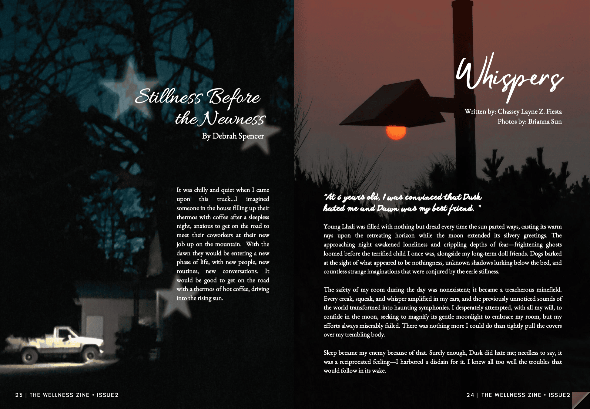Zine spread pairing the poems 'Stillness Before the Newness' and 'Whispers', by Debrah Spencer and Chassey Layne Z. Fiesta, photos by Brianna Sun, over dusk photographs of a parked truck and a sunset street lamp (Issue 2)