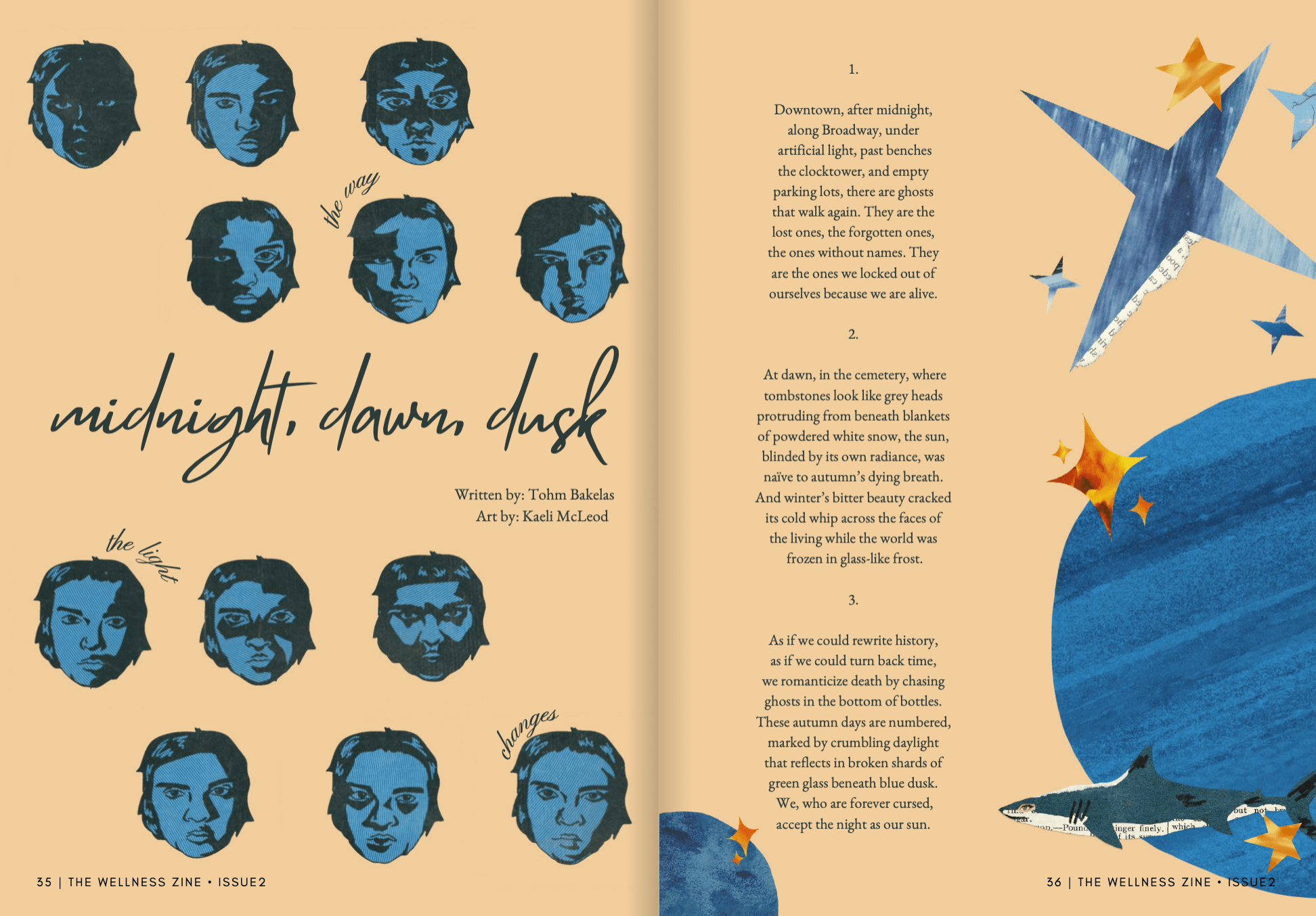 Zine spread for the poem 'midnight, dawn, dusk', written by Tohm Bakelas, art by Kaeli McLeod, with repeated illustrated blue face motifs and torn-paper star collage (Issue 2)