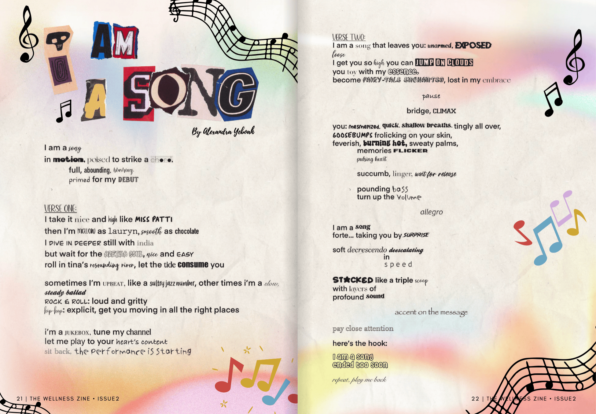 Zine spread for the poem 'I Am a Song' by Alexandra Yeboah, with music-staff illustrations and rainbow gradient background (Issue 2)