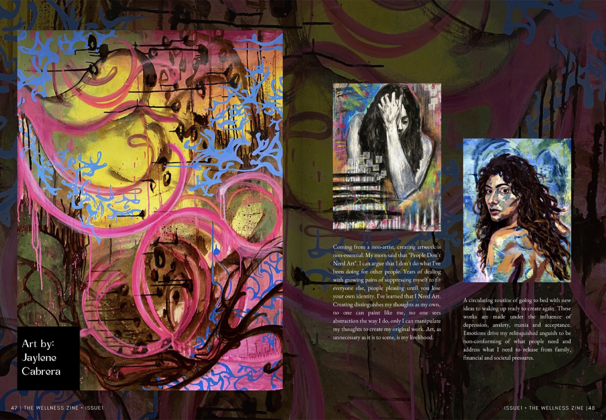 Zine spread of a large abstract mixed-media painting by Jaylene Cabrera, in pink, yellow, and blue tones (Issue 1)